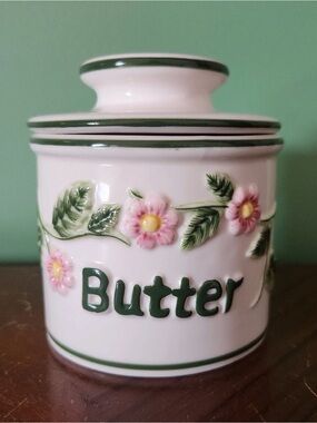 Original Butter Bell Crock French Beurre Embossed Floral 2pc design L. Tremain